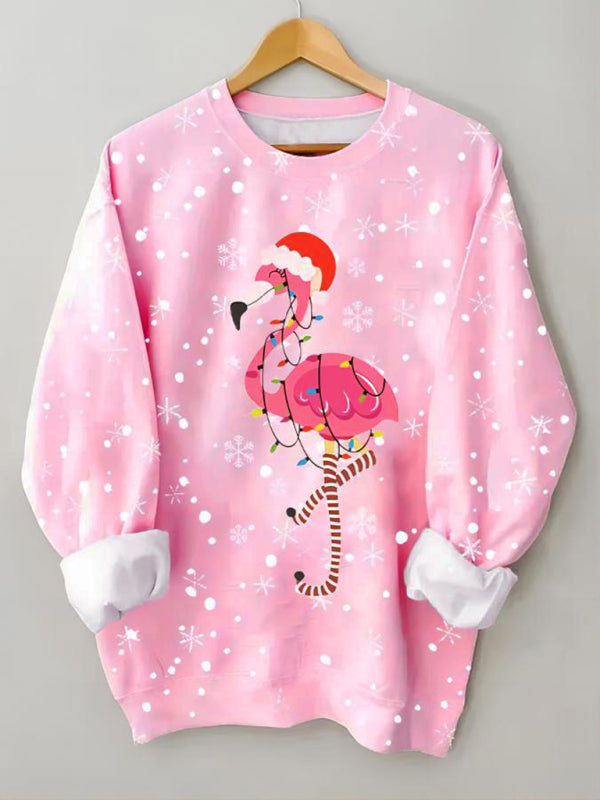 Women's New Christmas Flamingo Print Round Neck Long Sleeve Sweatshirt-[Adult]-[Female]-Pink-S-2022 Online Blue Zone Planet