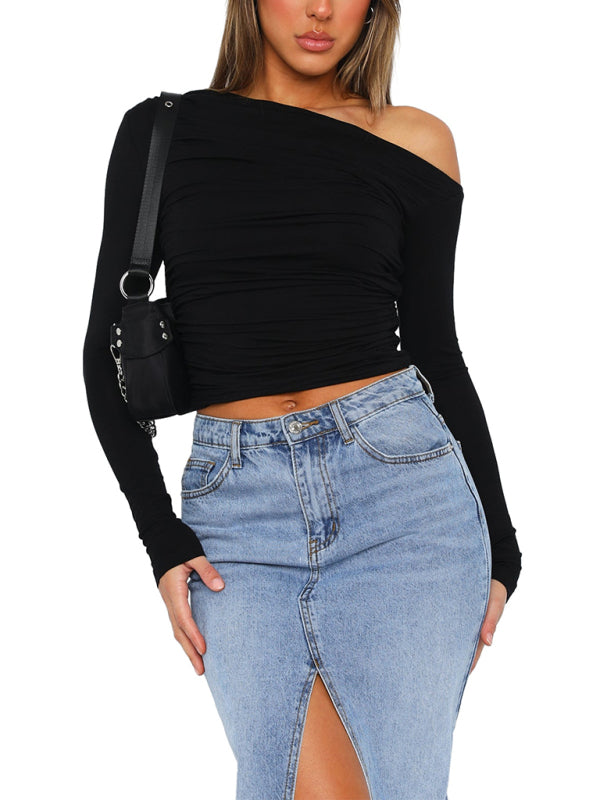 Women's off-shoulder asymmetrical solid color crop top long-sleeved sexy slim fit T-shirt-[Adult]-[Female]-Black-S-2022 Online Blue Zone Planet