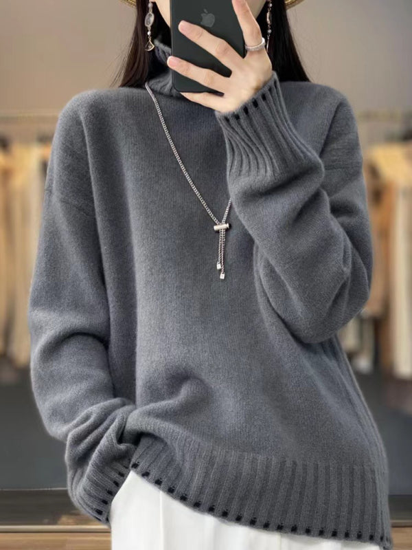 Blue Zone Planet | loose, lazy style turtleneck thickened knitted pullover sweater-TOPS / DRESSES-[Adult]-[Female]-Grey-S-2022 Online Blue Zone Planet