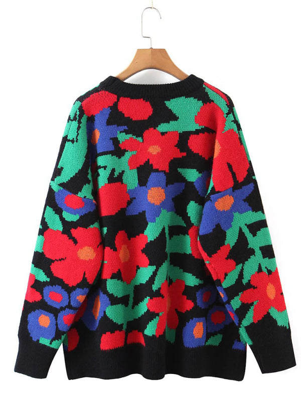 Blue Zone Planet | large flower embroidered round neck loose long sleeve knitted sweater pullover-TOPS / DRESSES-[Adult]-[Female]-2022 Online Blue Zone Planet