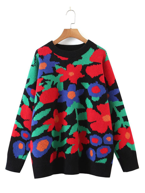 Blue Zone Planet | large flower embroidered round neck loose long sleeve knitted sweater pullover-TOPS / DRESSES-[Adult]-[Female]-2022 Online Blue Zone Planet