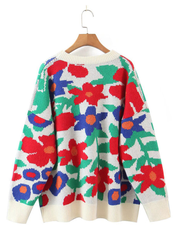 Blue Zone Planet | large flower embroidered round neck loose long sleeve knitted sweater pullover-TOPS / DRESSES-[Adult]-[Female]-2022 Online Blue Zone Planet