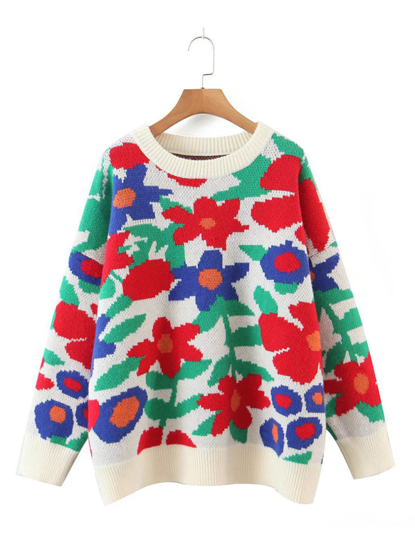 Blue Zone Planet | large flower embroidered round neck loose long sleeve knitted sweater pullover-TOPS / DRESSES-[Adult]-[Female]-2022 Online Blue Zone Planet