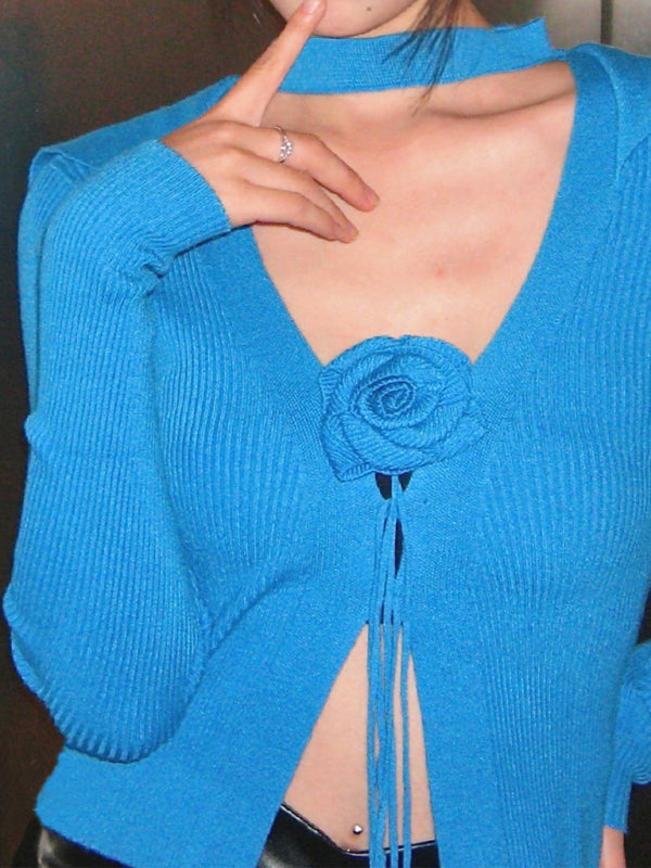 Blue Zone Planet | style French rose large lapel scarf knitted cardigan BLUE ZONE PLANET