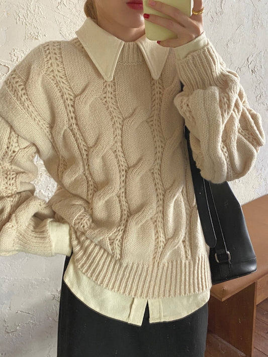 Women's New Lazy Round Neck Twist Thick Pullover Knit Sweater-[Adult]-[Female]-Cracker khaki-FREESIZE-2022 Online Blue Zone Planet