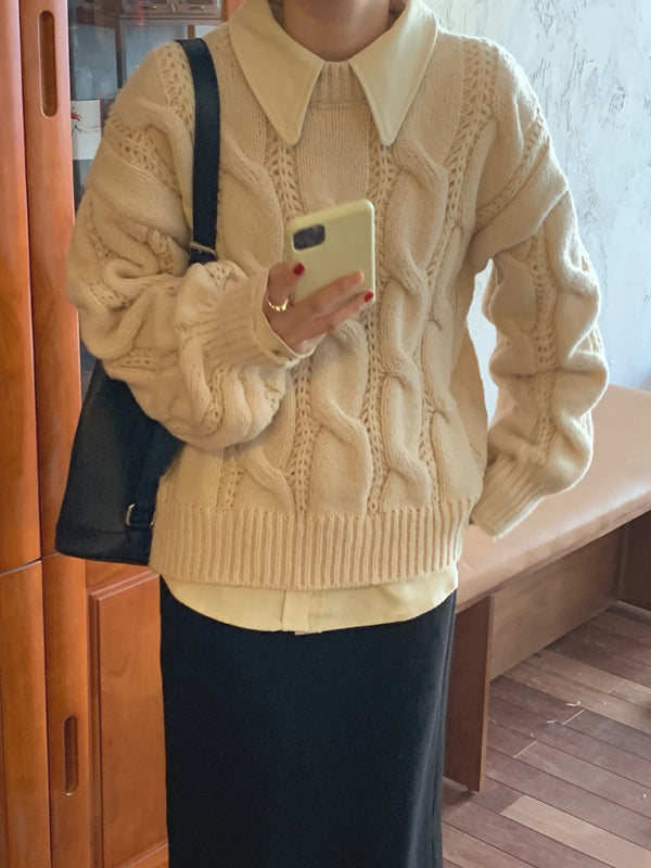 Women's New Lazy Round Neck Twist Thick Pullover Knit Sweater-[Adult]-[Female]-2022 Online Blue Zone Planet