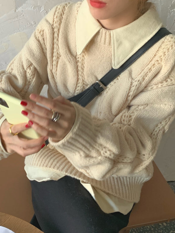 Women's New Lazy Round Neck Twist Thick Pullover Knit Sweater-[Adult]-[Female]-2022 Online Blue Zone Planet