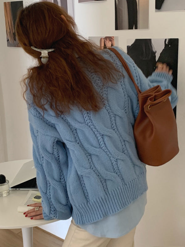Women's New Lazy Round Neck Twist Thick Pullover Knit Sweater-[Adult]-[Female]-2022 Online Blue Zone Planet