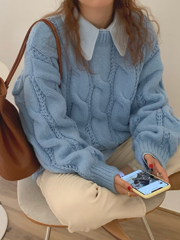 Women's New Lazy Round Neck Twist Thick Pullover Knit Sweater-[Adult]-[Female]-Blue-FREESIZE-2022 Online Blue Zone Planet