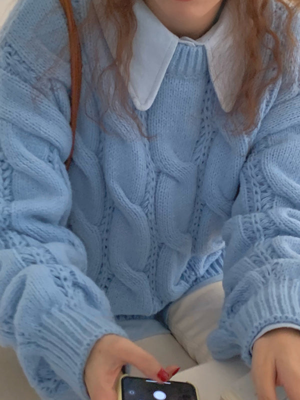 Women's New Lazy Round Neck Twist Thick Pullover Knit Sweater-[Adult]-[Female]-2022 Online Blue Zone Planet