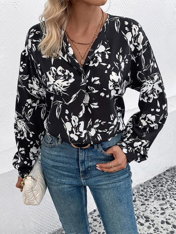 black and white flower printed lapel long-sleeved shirt BLUE ZONE PLANET