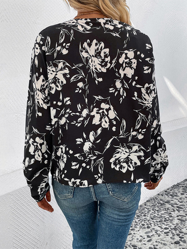 black and white flower printed lapel long-sleeved shirt BLUE ZONE PLANET