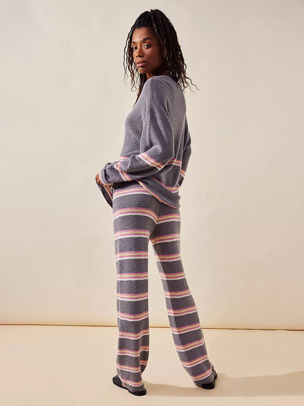 Blue Zone Planet | elegant round neck long sleeve striped sweater two-piece loose pants suit-TOPS / DRESSES-[Adult]-[Female]-2022 Online Blue Zone Planet