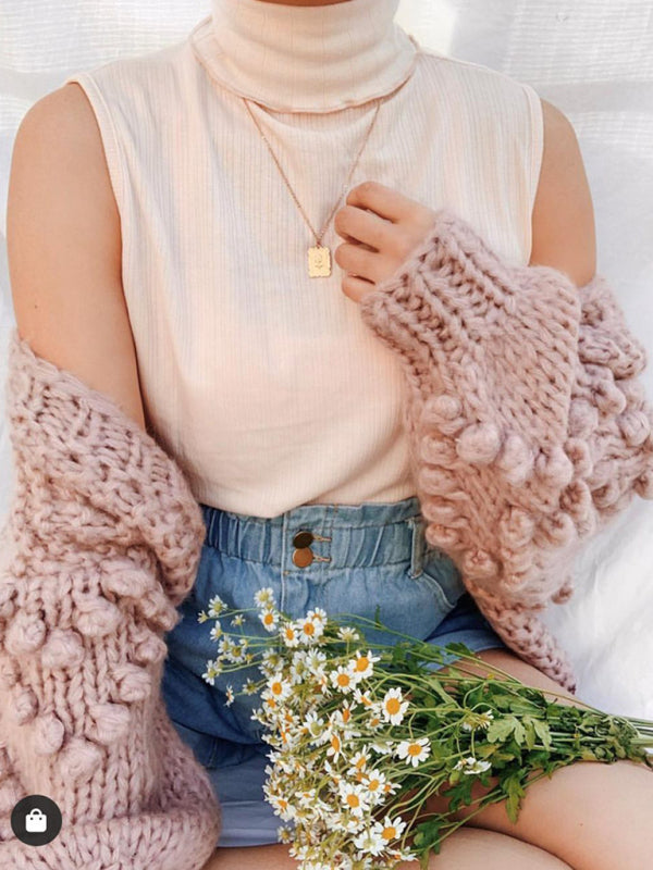 Women's Long Sleeve Thick Knitted Twist Loose Cardigan-[Adult]-[Female]-2022 Online Blue Zone Planet