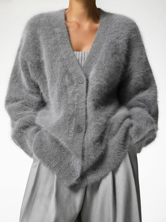 loose long sleeve long wool V-neck sweater cardigan