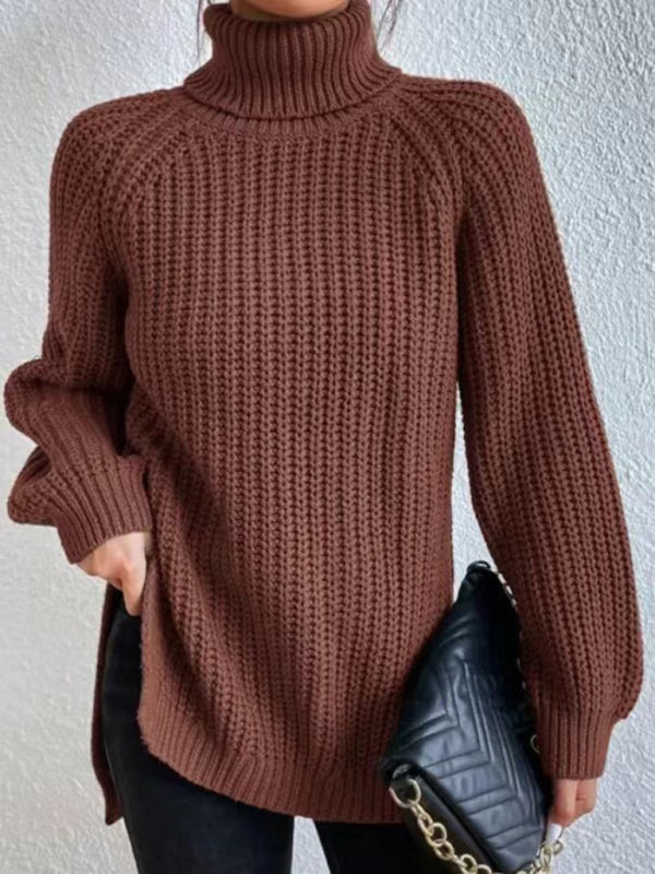 Blue Zone Planet | Women's casual pullover turtleneck slit loose sweater-TOPS / DRESSES-[Adult]-[Female]-Brown-S-2022 Online Blue Zone Planet