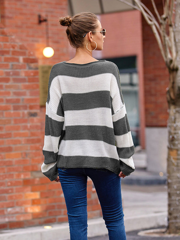 Blue Zone Planet | Women's rolled round neck striped color block sweater-TOPS / DRESSES-[Adult]-[Female]-2022 Online Blue Zone Planet