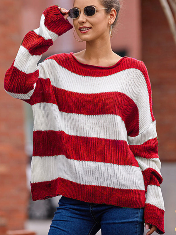 Blue Zone Planet | Women's rolled round neck striped color block sweater-TOPS / DRESSES-[Adult]-[Female]-Red-S-2022 Online Blue Zone Planet