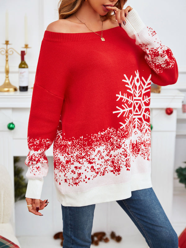 Women's Christmas casual boat neck sweater-[Adult]-[Female]-2022 Online Blue Zone Planet