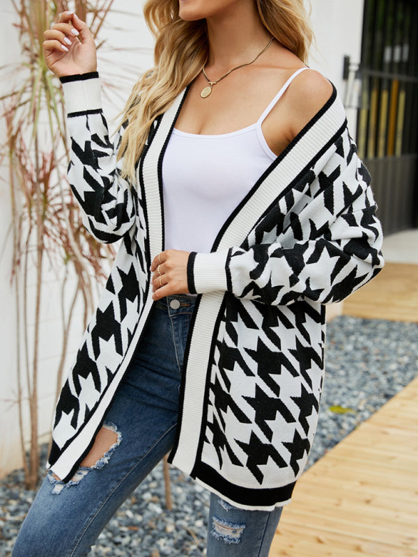 V-neck houndstooth cardigan sweater BLUE ZONE PLANET