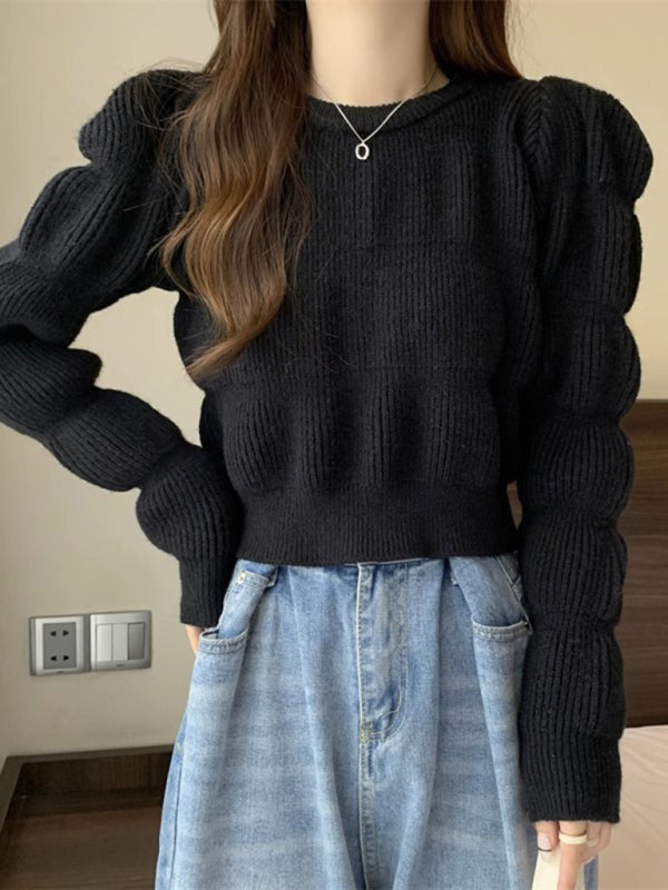 Women's high waist short knitted sweater top-[Adult]-[Female]-Black-FREESIZE-2022 Online Blue Zone Planet
