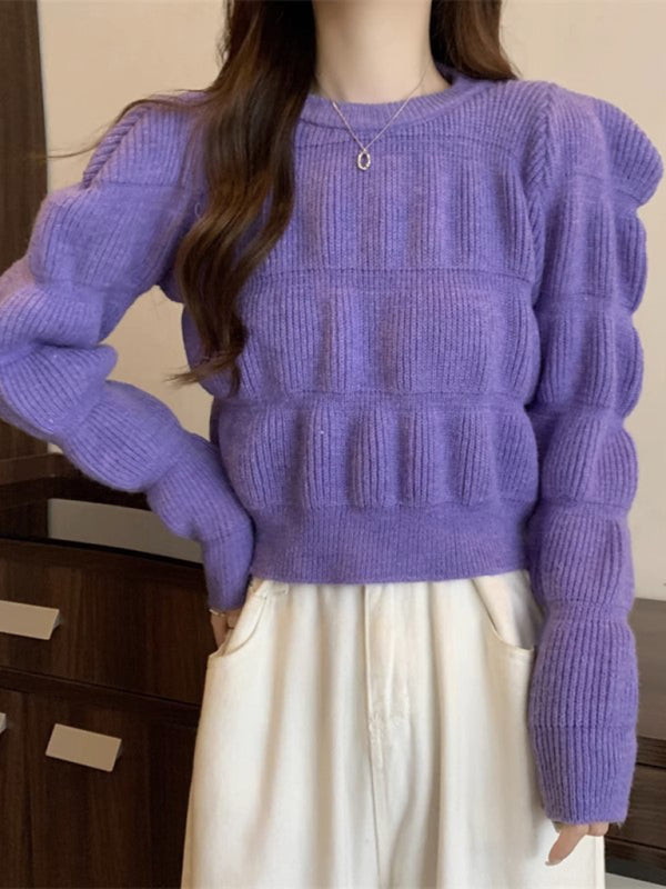 Women's high waist short knitted sweater top-[Adult]-[Female]-Purple-FREESIZE-2022 Online Blue Zone Planet