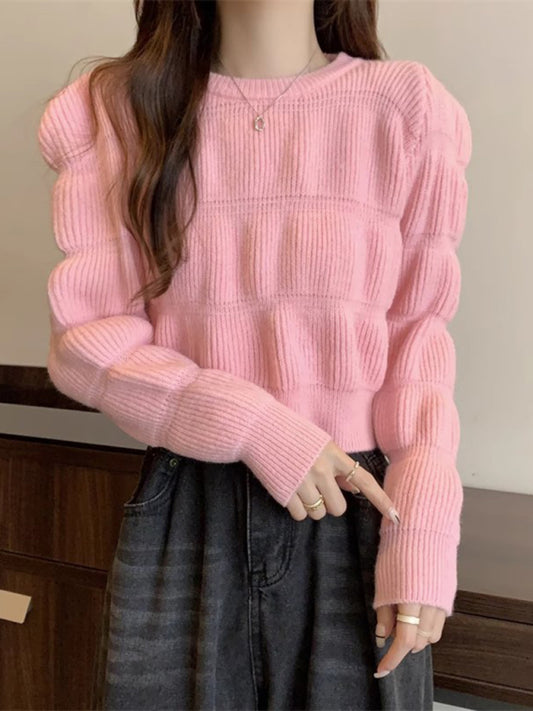 Women's high waist short knitted sweater top-[Adult]-[Female]-Pink-FREESIZE-2022 Online Blue Zone Planet