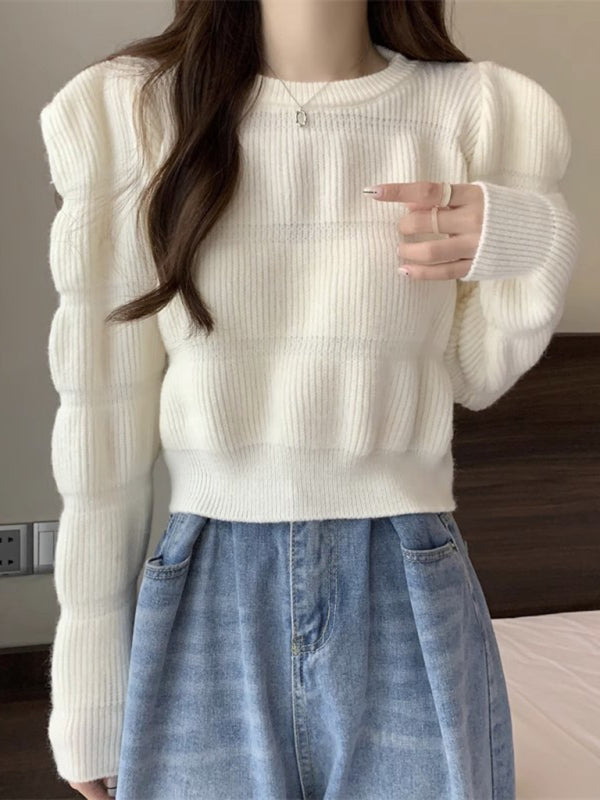 Women's high waist short knitted sweater top-[Adult]-[Female]-White-FREESIZE-2022 Online Blue Zone Planet