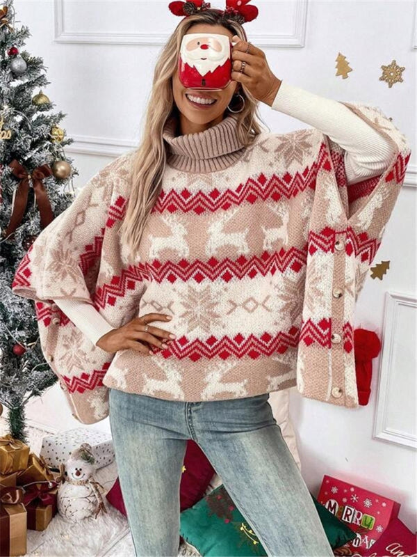 Turtleneck Christmas Elk Contrast Pattern Bat Sleeve Sweater-[Adult]-[Female]-2022 Online Blue Zone Planet