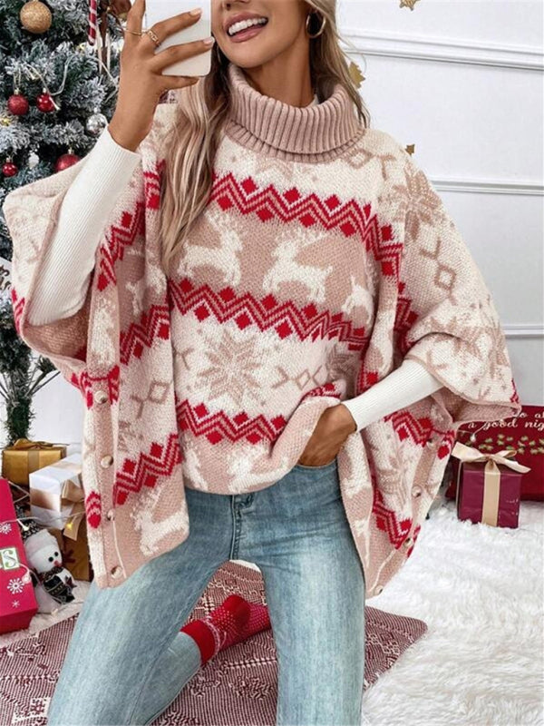 Turtleneck Christmas Elk Contrast Pattern Bat Sleeve Sweater-[Adult]-[Female]-2022 Online Blue Zone Planet