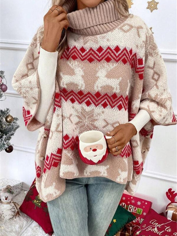 Turtleneck Christmas Elk Contrast Pattern Bat Sleeve Sweater-[Adult]-[Female]-2022 Online Blue Zone Planet