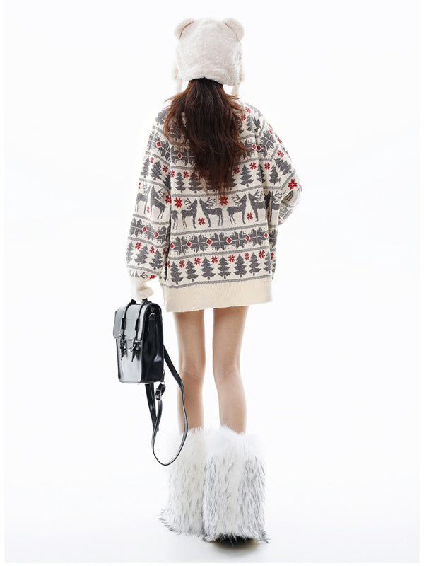 Winter Reindeer Print Knit Christmas Sweater-[Adult]-[Female]-2022 Online Blue Zone Planet