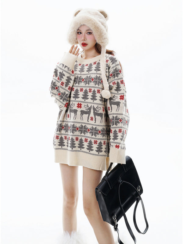 Winter Reindeer Print Knit Christmas Sweater-[Adult]-[Female]-2022 Online Blue Zone Planet