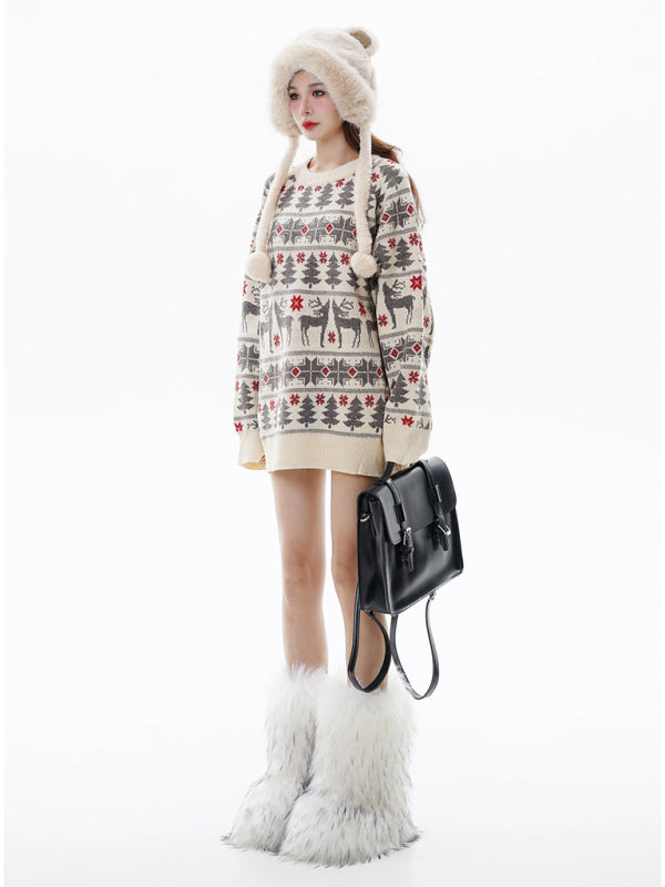 Winter Reindeer Print Knit Christmas Sweater-[Adult]-[Female]-2022 Online Blue Zone Planet