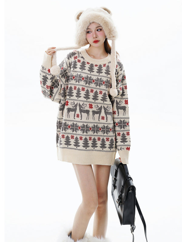 Winter Reindeer Print Knit Christmas Sweater-[Adult]-[Female]-Cracker khaki-M-2022 Online Blue Zone Planet