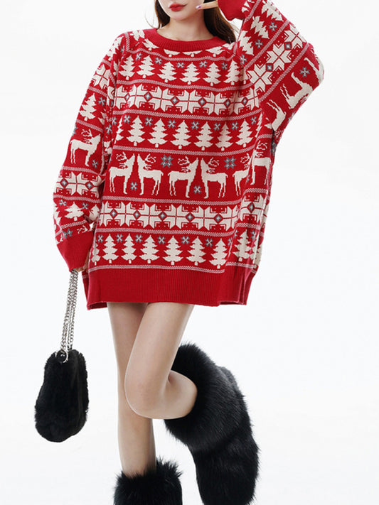 Winter Reindeer Print Knit Christmas Sweater-[Adult]-[Female]-Red-M-2022 Online Blue Zone Planet