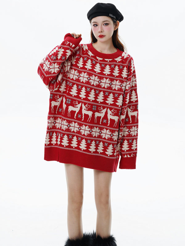 Winter Reindeer Print Knit Christmas Sweater-[Adult]-[Female]-2022 Online Blue Zone Planet