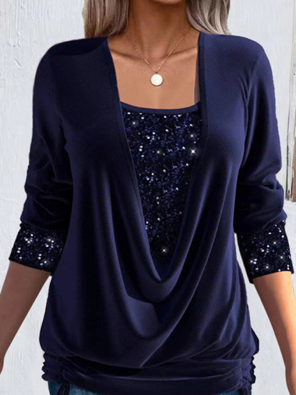 Long-sleeved large drop collar loose shirred fake two-piece top BLUE ZONE PLANET