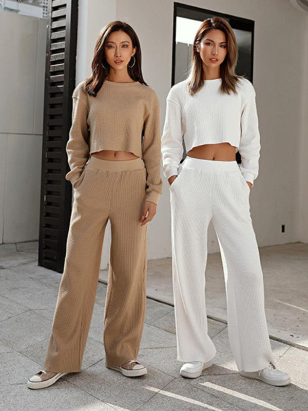 Blue Zone Planet |  two piece set round neck long sleeve wide leg pants BLUE ZONE PLANET