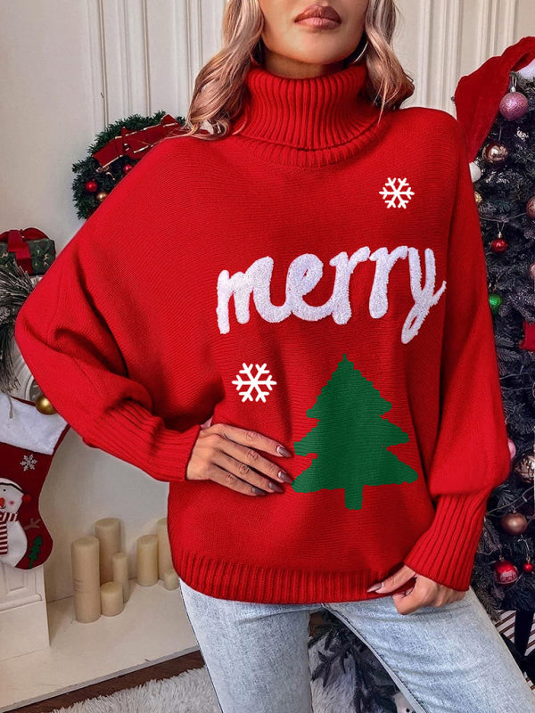 Women's Christmas casual bat sleeve letter knitted sweater-[Adult]-[Female]-Red-S-2022 Online Blue Zone Planet