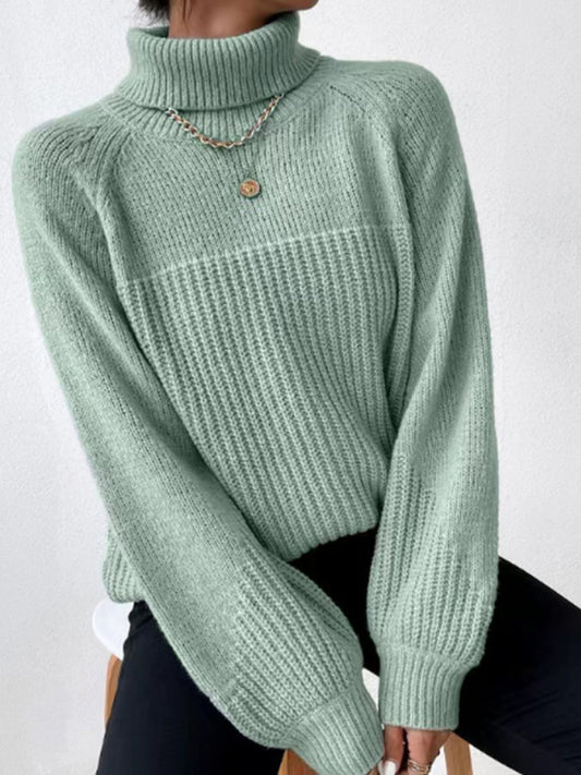 New women's simple lapel raglan sleeve pullover knitted sweater-[Adult]-[Female]-Pea green grey-S-2022 Online Blue Zone Planet