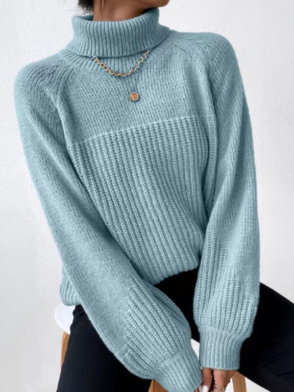 New women's simple lapel raglan sleeve pullover knitted sweater-[Adult]-[Female]-Sky blue azure-S-2022 Online Blue Zone Planet