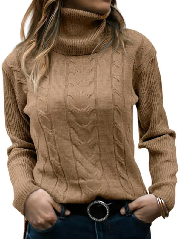 New Women's Solid Color Turtleneck Sweater Retro Long Sleeve Sweater-[Adult]-[Female]-Coffee-S-2022 Online Blue Zone Planet