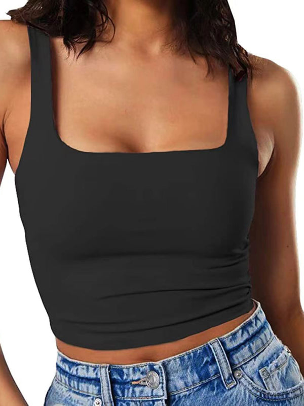 Blue Zone Planet | Women's solid color sexy trendy midriff-baring short vest-TOPS / DRESSES-[Adult]-[Female]-Black-S-2022 Online Blue Zone Planet