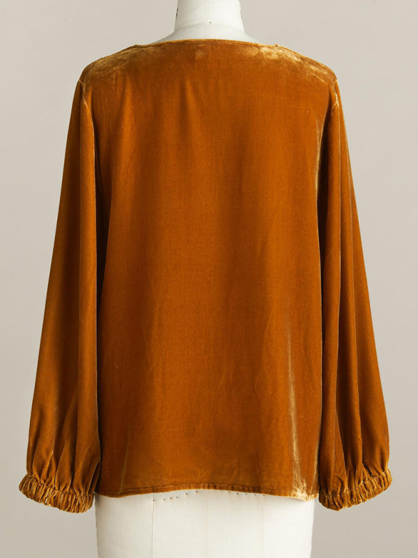 Women's gold velvet three-quarter sleeve elegant plunging collar top-[Adult]-[Female]-2022 Online Blue Zone Planet
