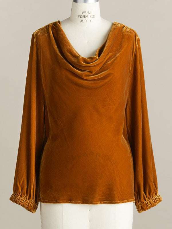 Women's gold velvet three-quarter sleeve elegant plunging collar top-[Adult]-[Female]-2022 Online Blue Zone Planet