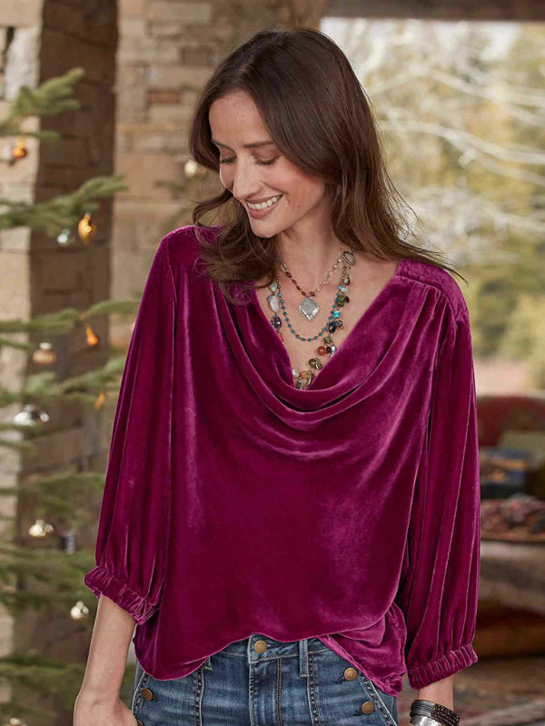 Women's gold velvet three-quarter sleeve elegant plunging collar top-[Adult]-[Female]-Rose-S-2022 Online Blue Zone Planet