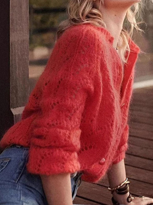 Blue Zone Planet |  versatile retro hollow red knitted cardigan BLUE ZONE PLANET