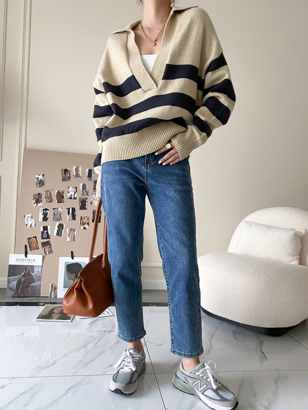 New polo large v-neck striped loose pullover sweater-[Adult]-[Female]-2022 Online Blue Zone Planet