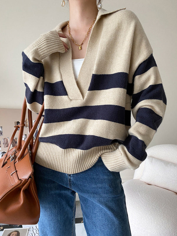 New polo large v-neck striped loose pullover sweater-[Adult]-[Female]-Cracker khaki-S-2022 Online Blue Zone Planet